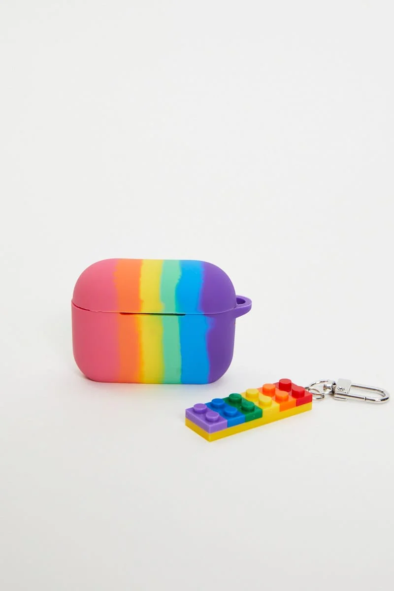 Multi Mardi Gras Rainbow Print Air Pod Case With Charm