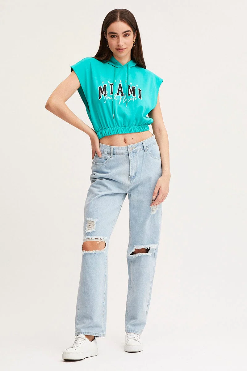 Green Crop Hooded Sweat Short Sleeve