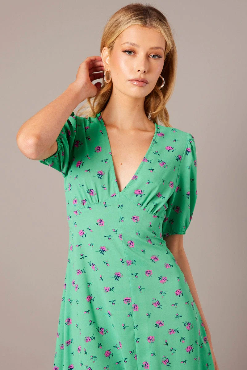 Green Floral Midi Dress Puff Sleeve Tea Dress