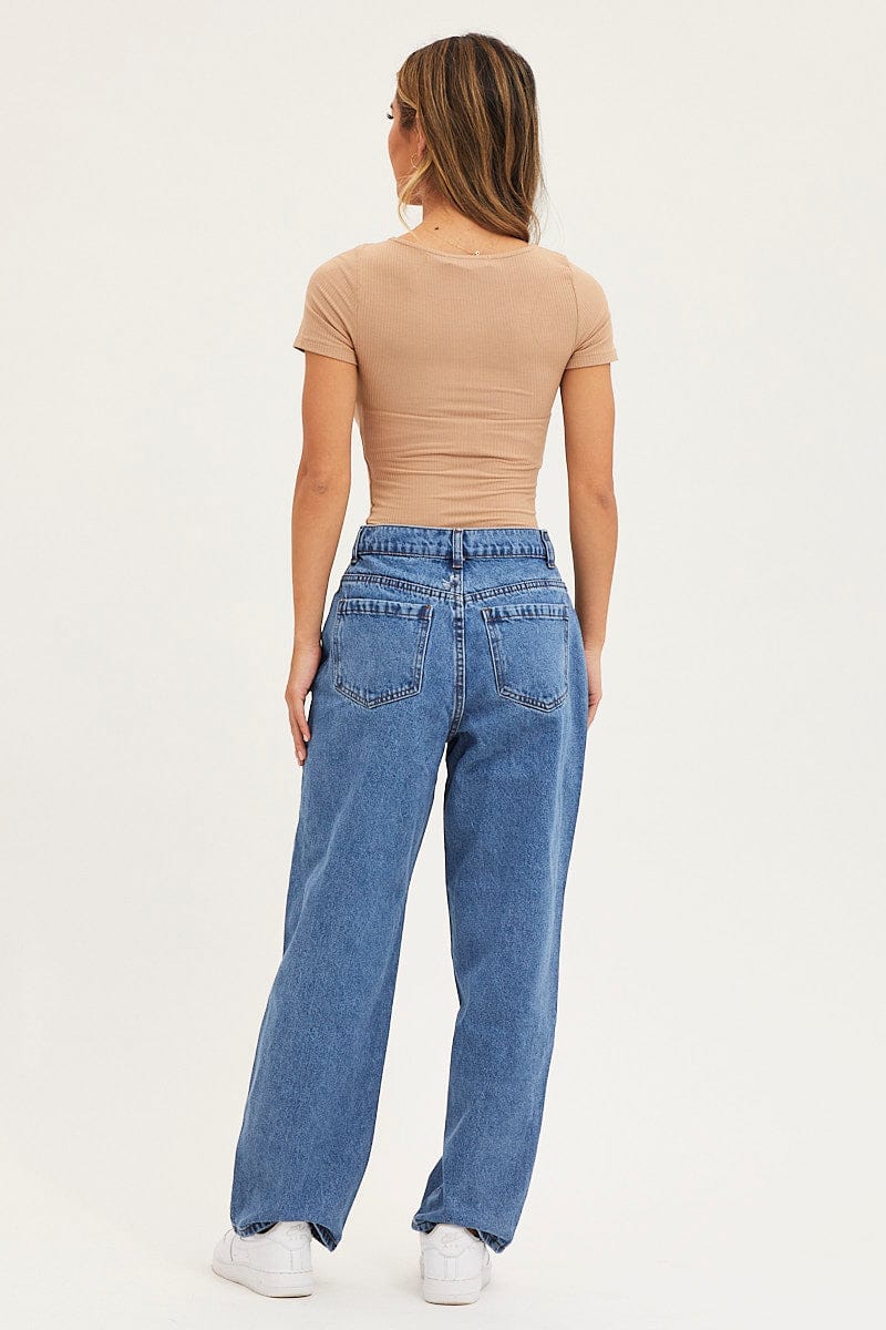 Blue Wide Leg Denim Jeans High Rise