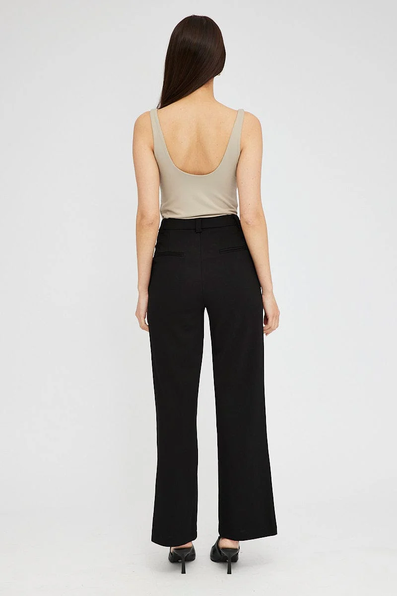 Black Straight Fit Pants High Rise Ponte