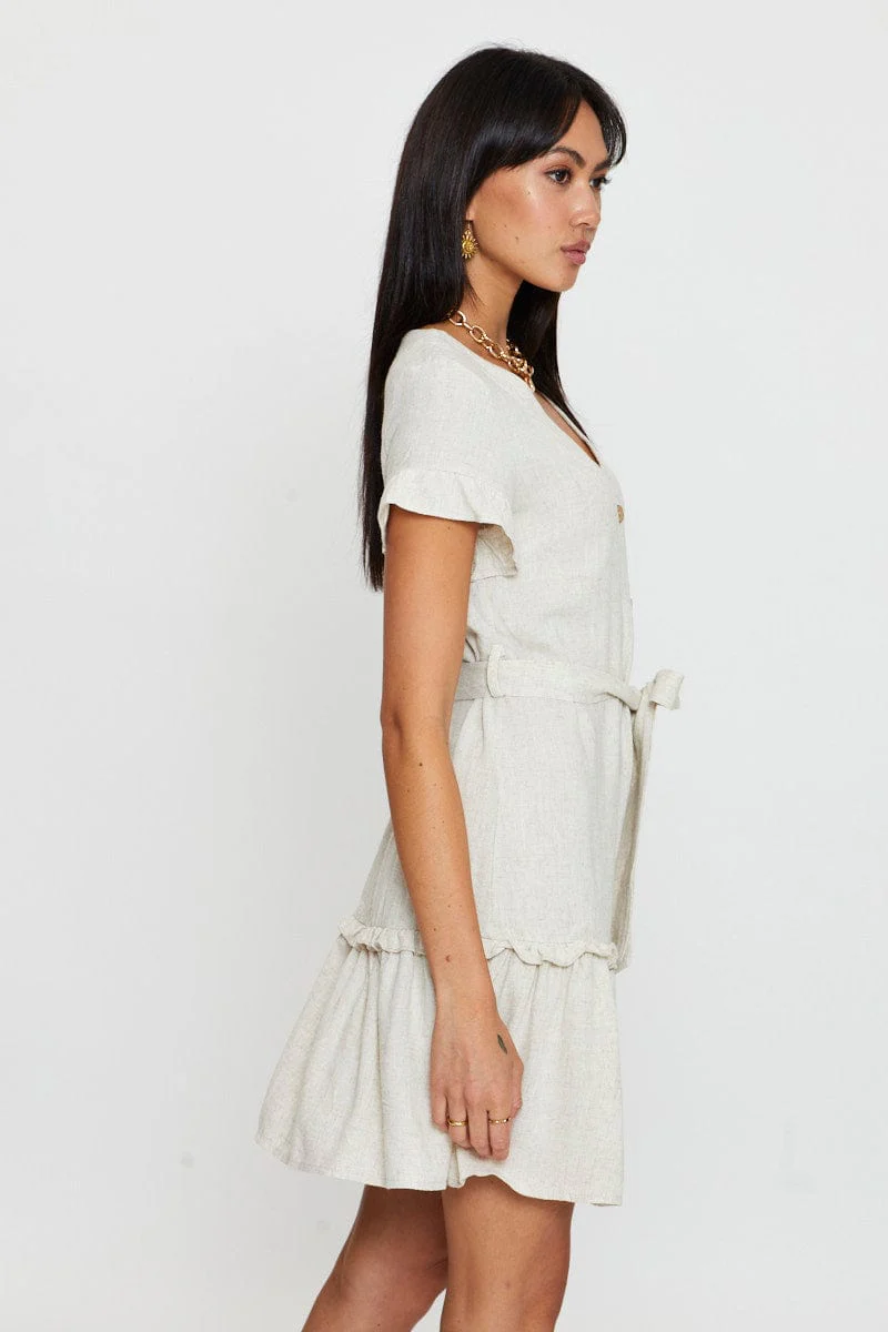 Beige Mini Dress Short Sleeve V Neck