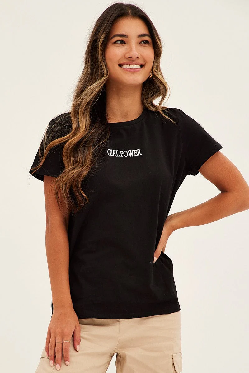 Black Embroidered Slogan Girl Power T-Shirt