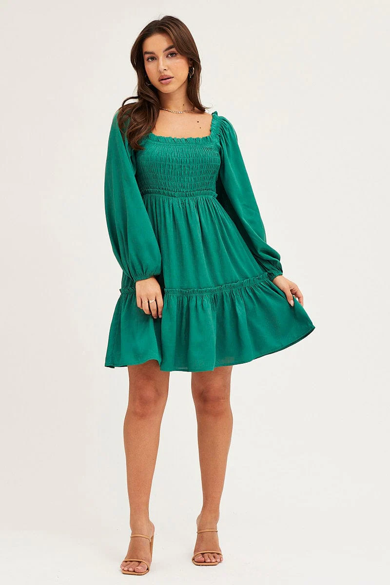 Green Shirred Skater Dress