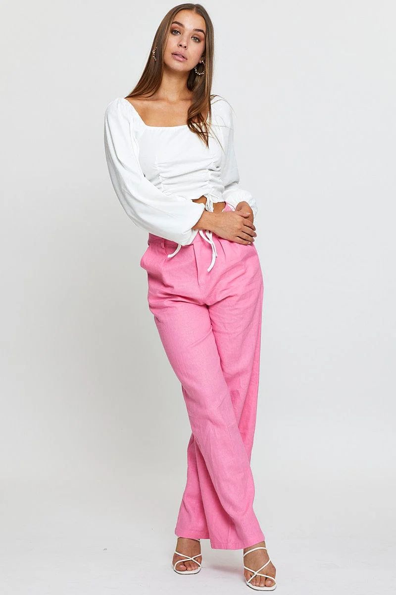 White Ruched Crop Top Long Sleeve