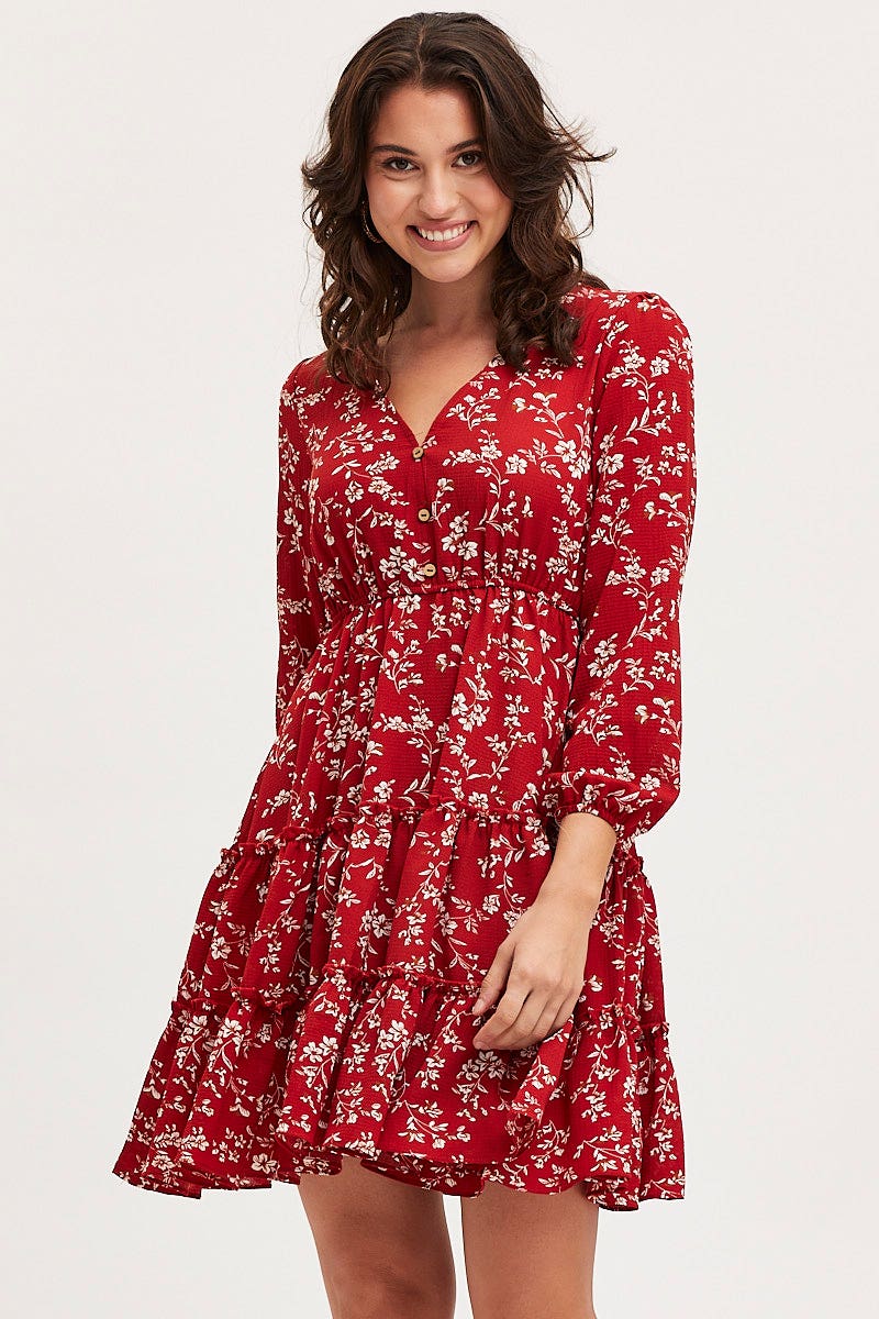 Print Skater Dress Long Sleeve Mini