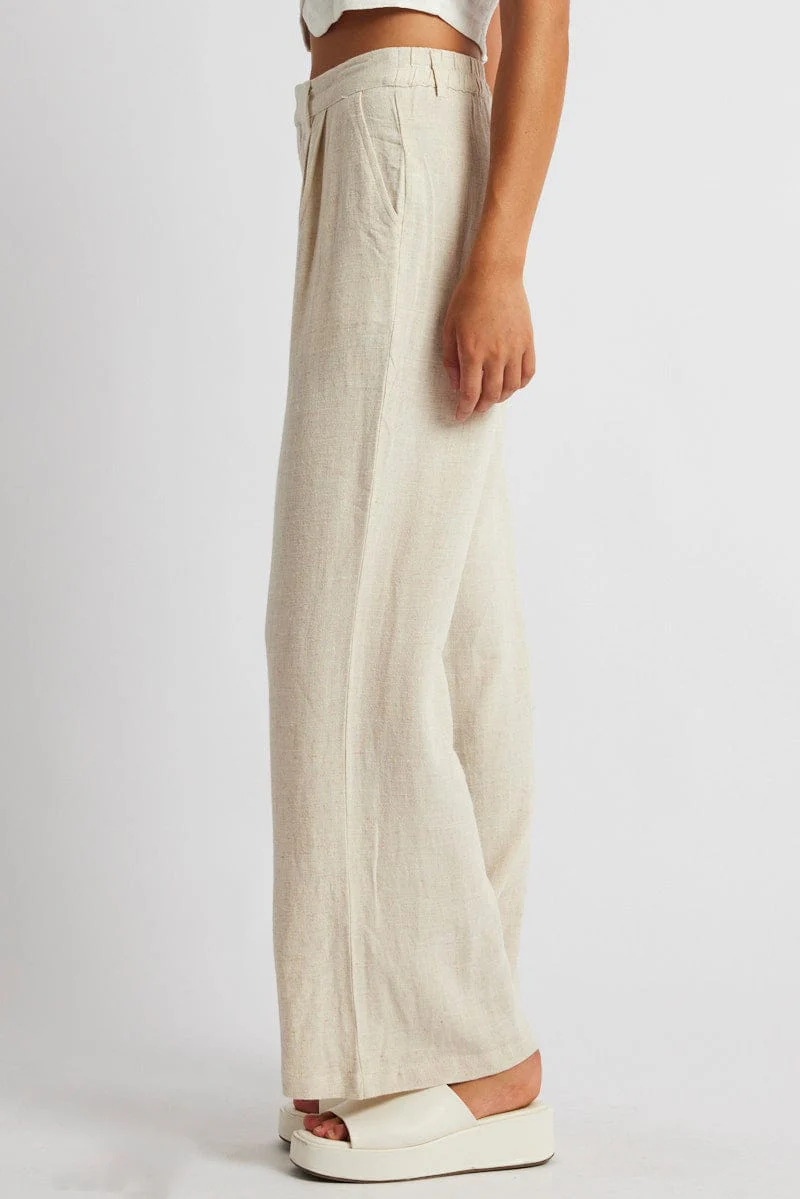 Beige Wide Leg Pant High Rise