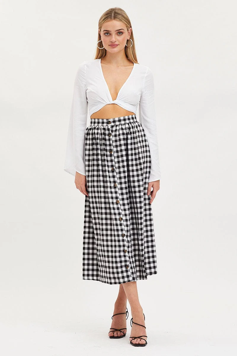 Check Midi Skirt High Rise Button Down