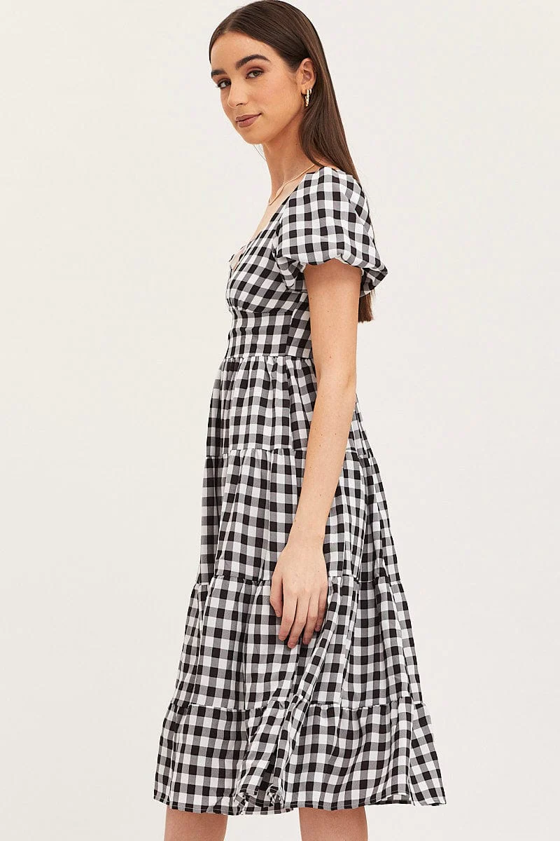 Check Midi Dress Short Sleeve Evening