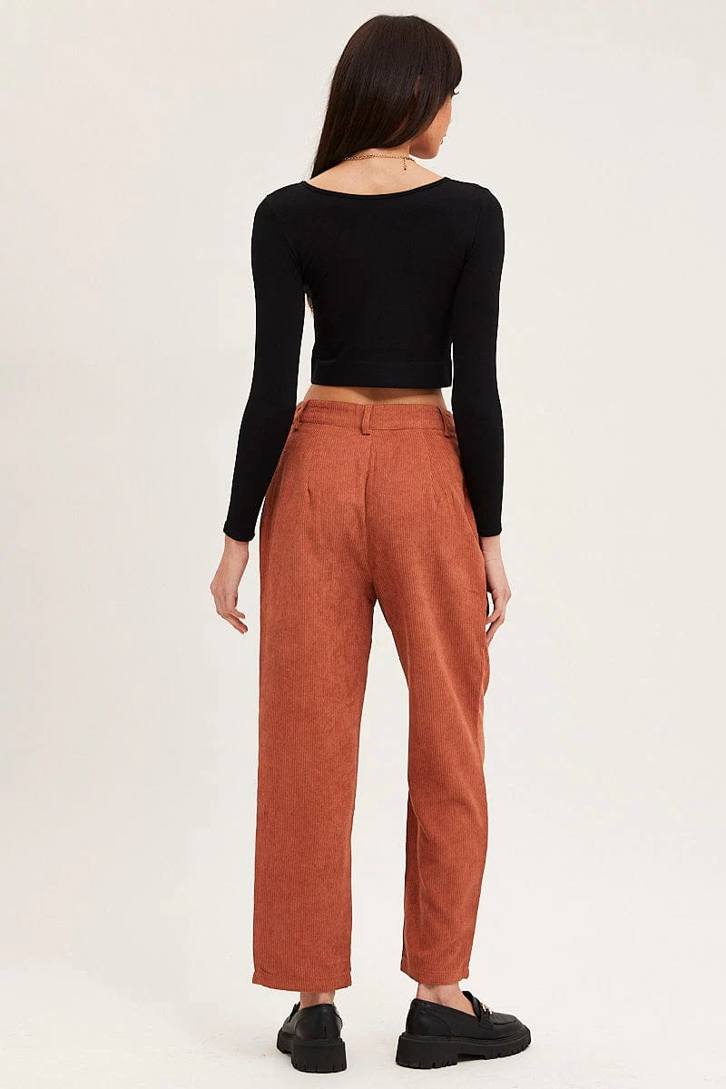 Brown Wide Leg Pants Mid Rise Corduroy