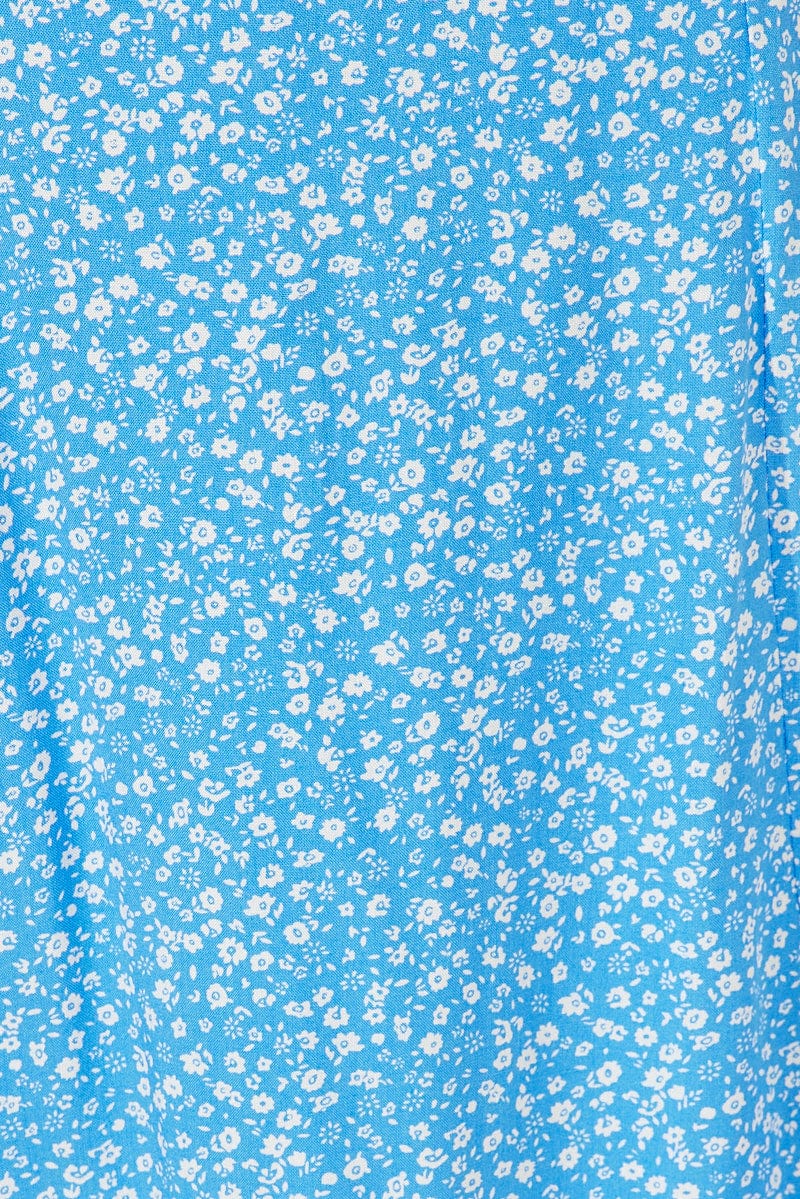 Blue Floral Midi Dress Puff Sleeve Midi