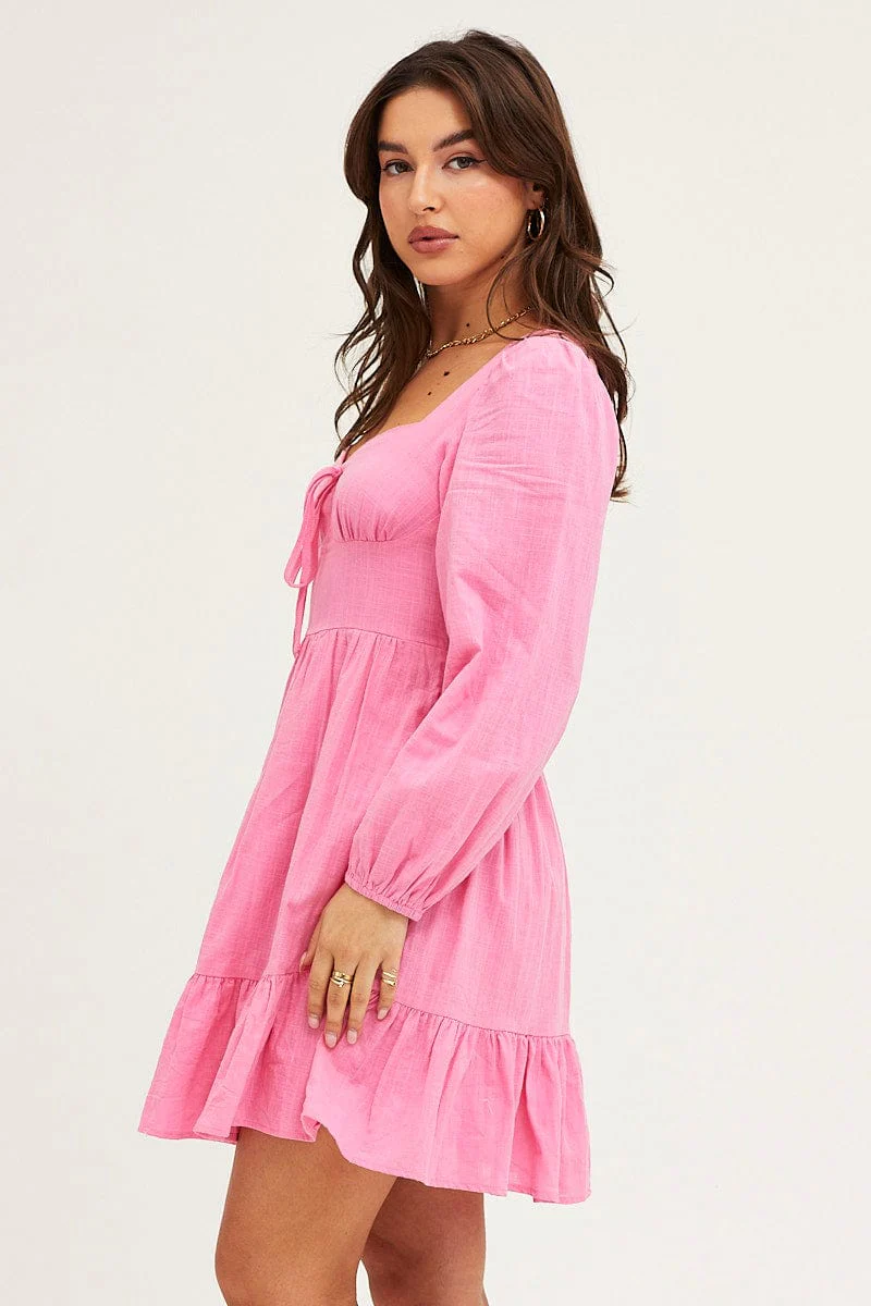 Pink Skater Dress Puff Sleeve Mini