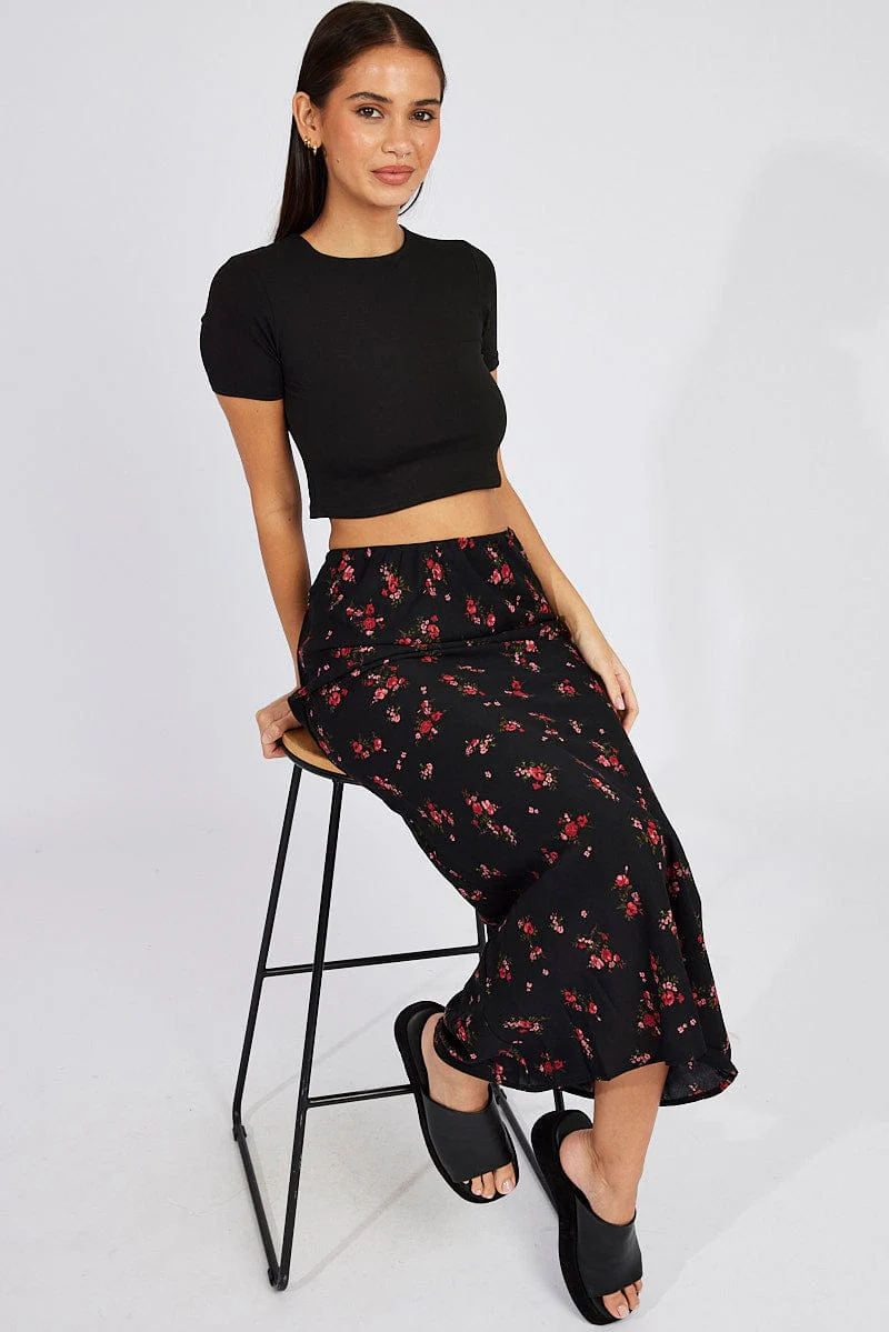 Black Floral Slip Skirt Maxi