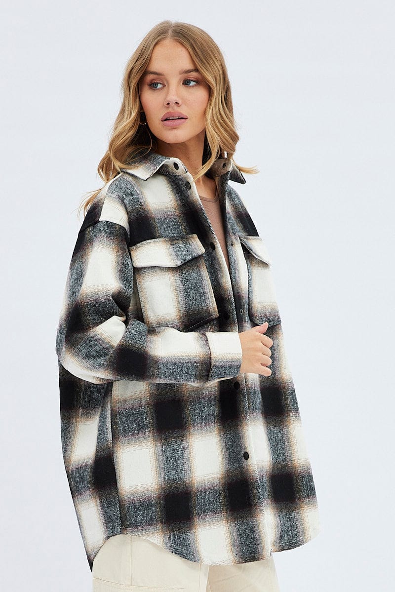 Brown Check Longline Check Shacket Shirt Collar