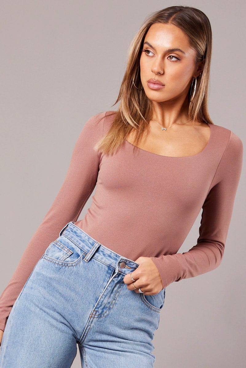 Pink Bodysuit Short Sleeve Square Neck Seamless