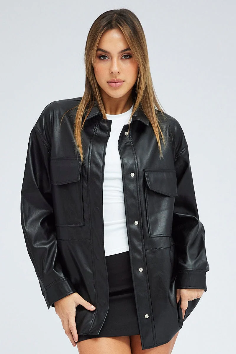 Black Shirt Collar Long Sleeve Faux Leather