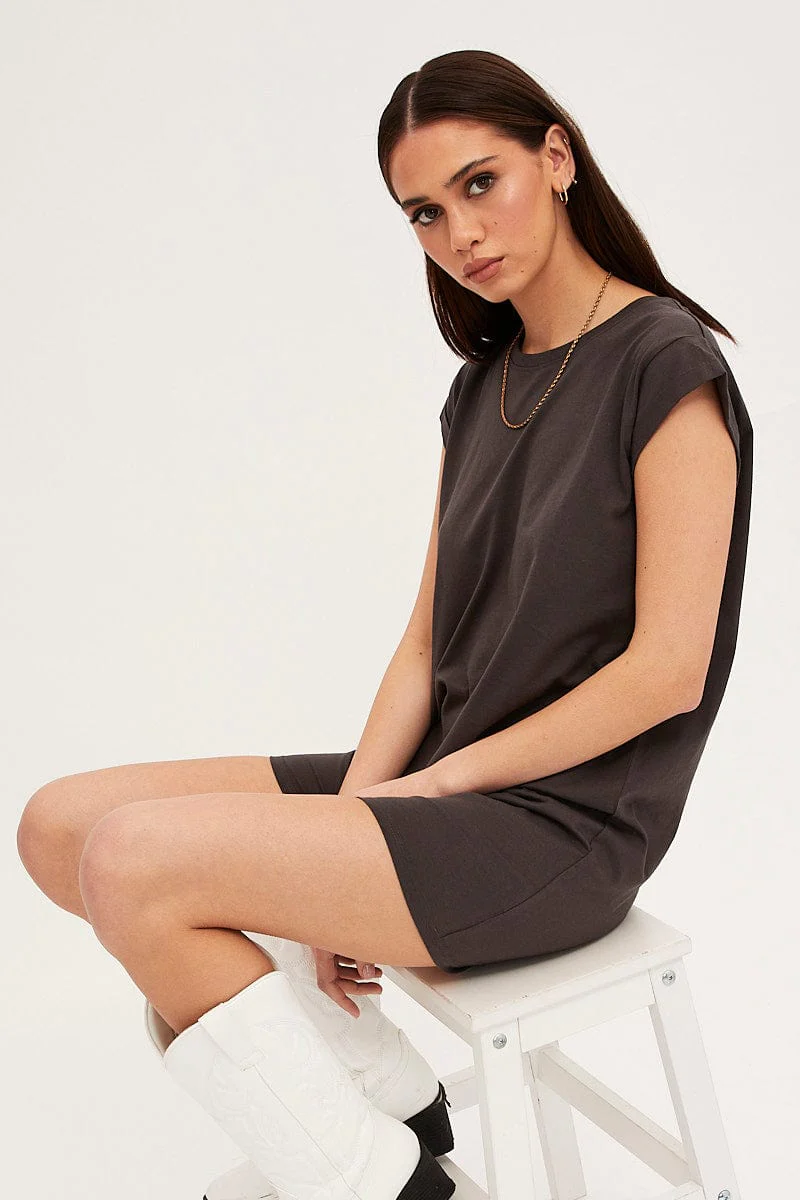 Grey T-Shirt Dress Crew Short Sleeve Graphic