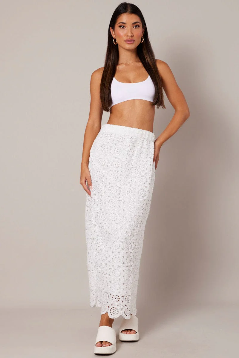 White Midi Skirt High Rise Lace