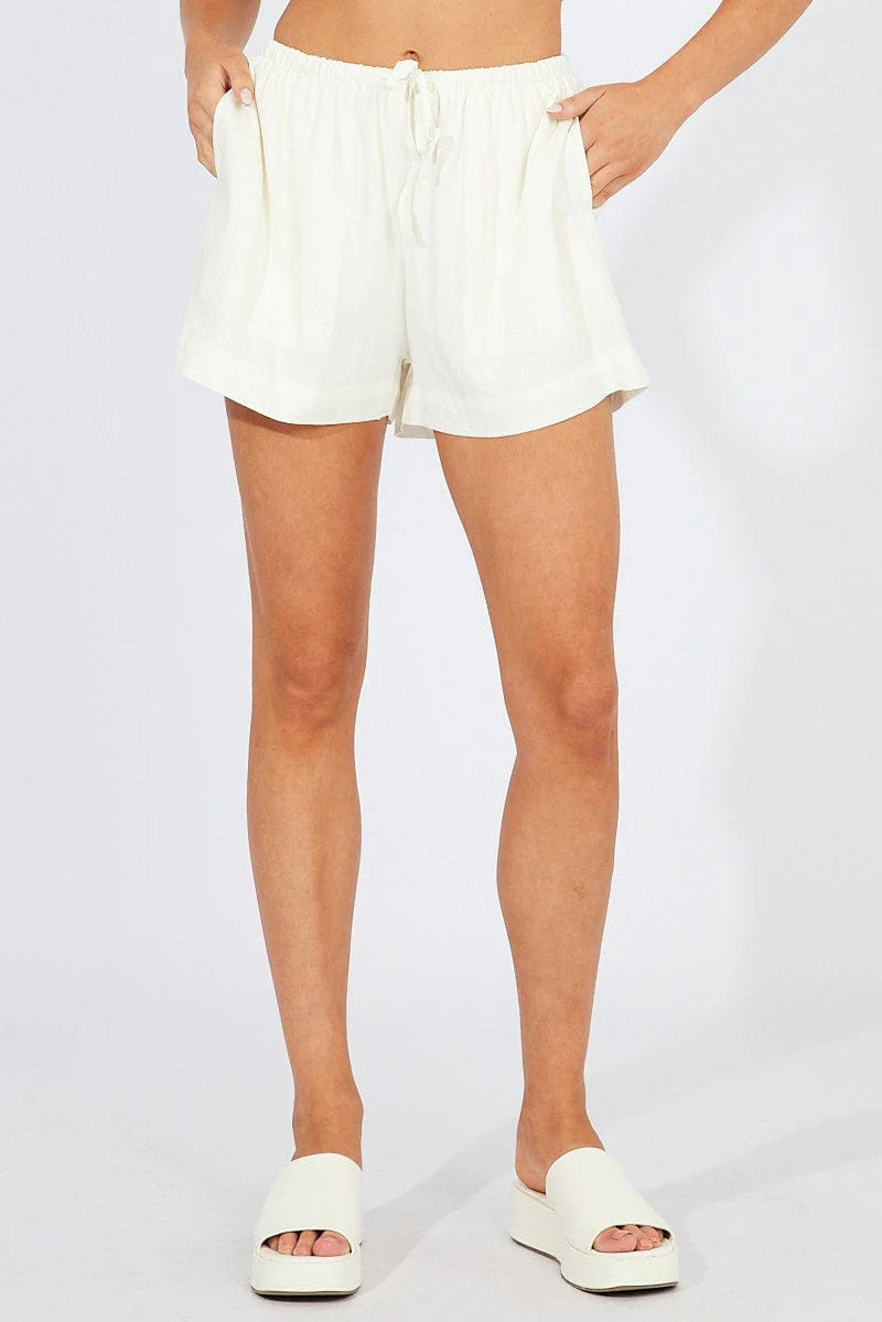 White Shorts Mid Rise Linen Blend