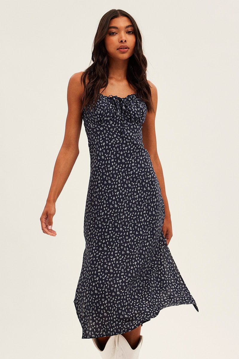 Black Ditsy Midi Dress Sleeveless Ruched Bust