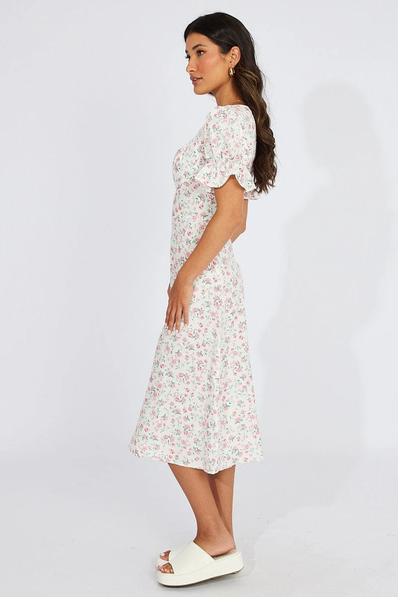 White Floral Midi Dress Puff Sleeve