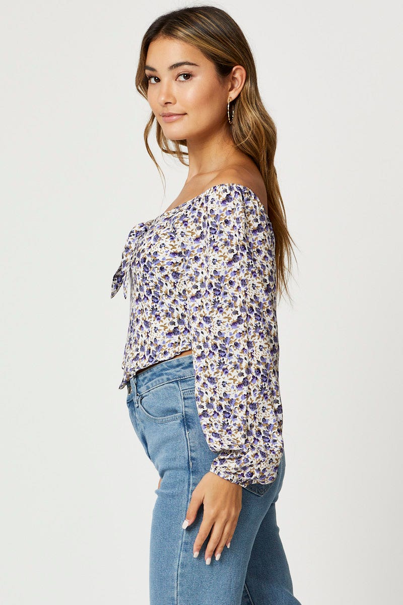 Print Tie Front Scarf Hem Top