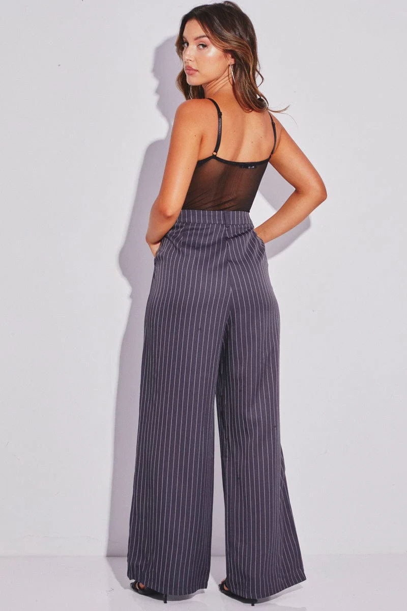 Grey Stripe Stripe Wide Leg Boyfriend Pants