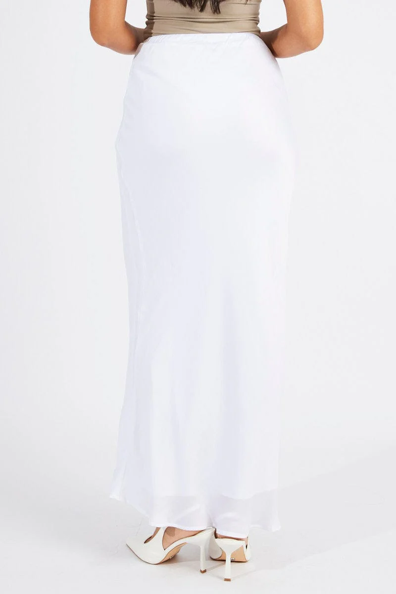 White Drawstring Satin Maxi Skirt