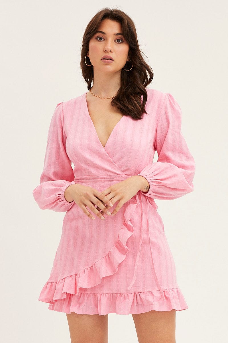 Pink Tie Waist Wrap Dress