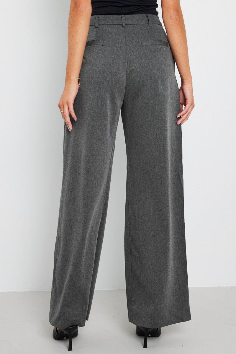 Grey Wide Leg Pants Mid Rise