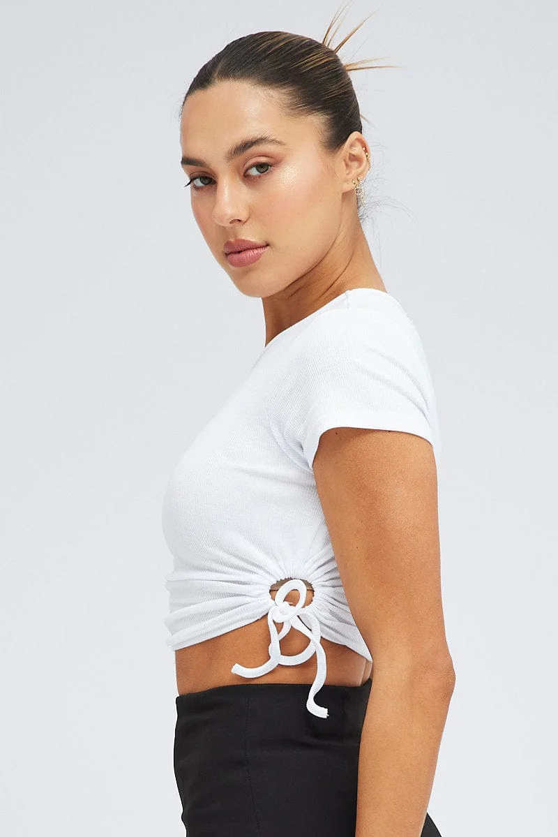 White Side Ruching Top Short Sleeve Crop