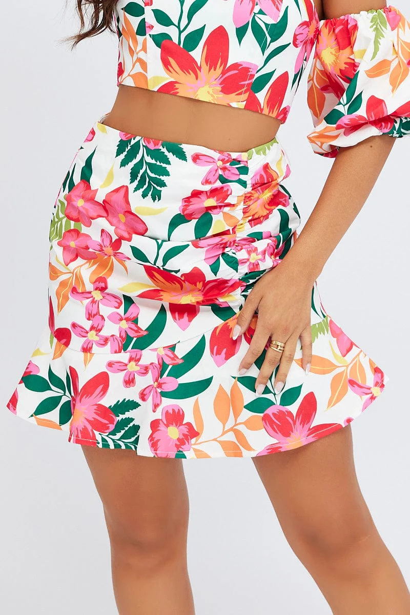 Multi Floral Gathered Skirt Mini Length Ruffle Detail