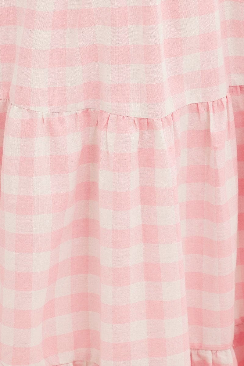 Pink Check Midi Dress One Shoulder Shirred Body