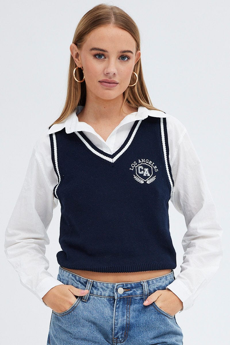 Blue Knit Vest V neck