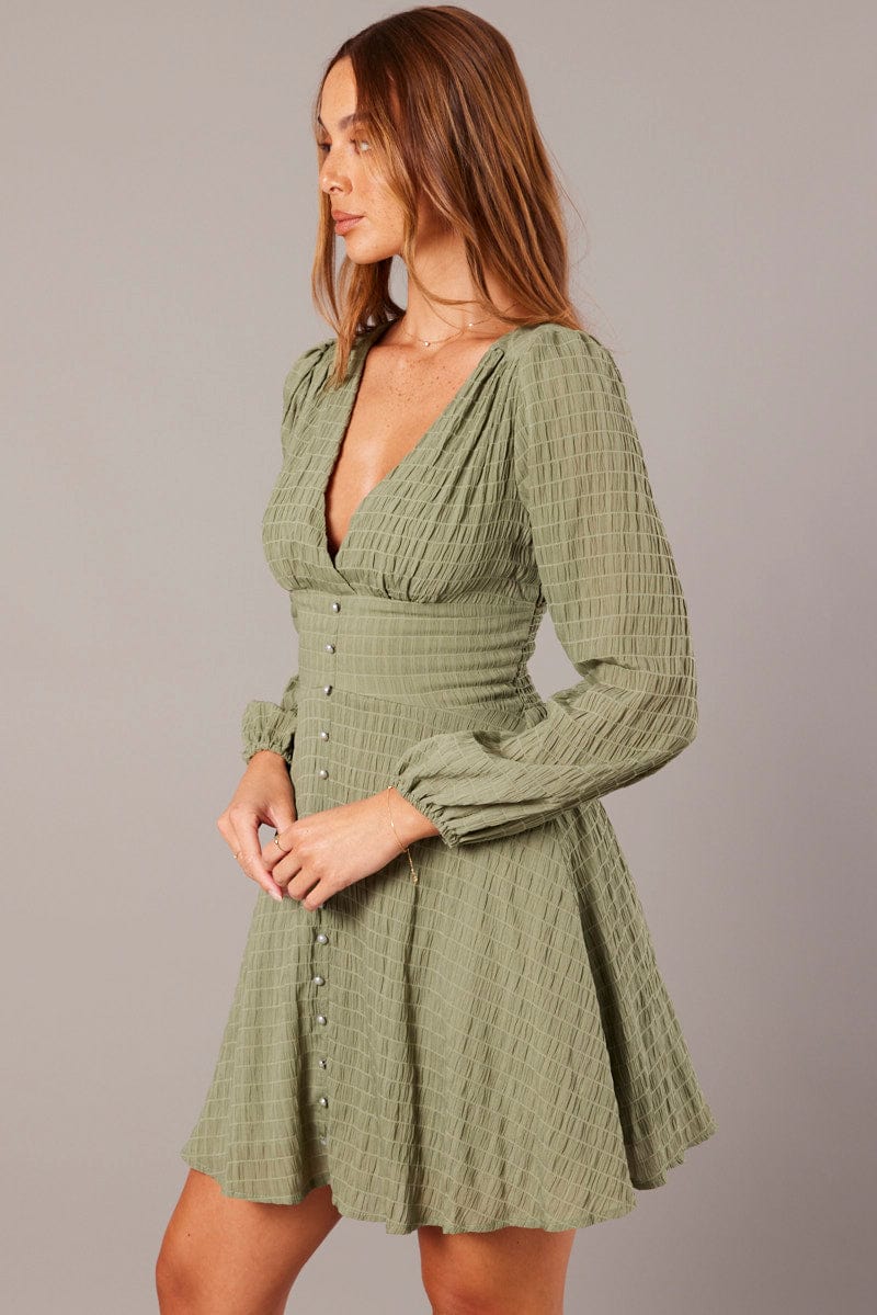 Green Fit And Flare Dress Long Sleeve