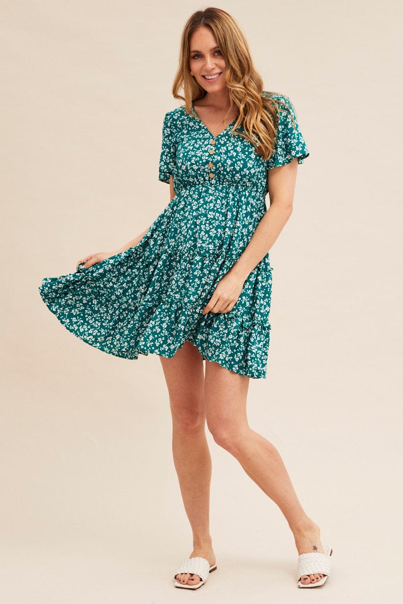 Green Ditsy Short Sleeve Floral Mini Skater Dress