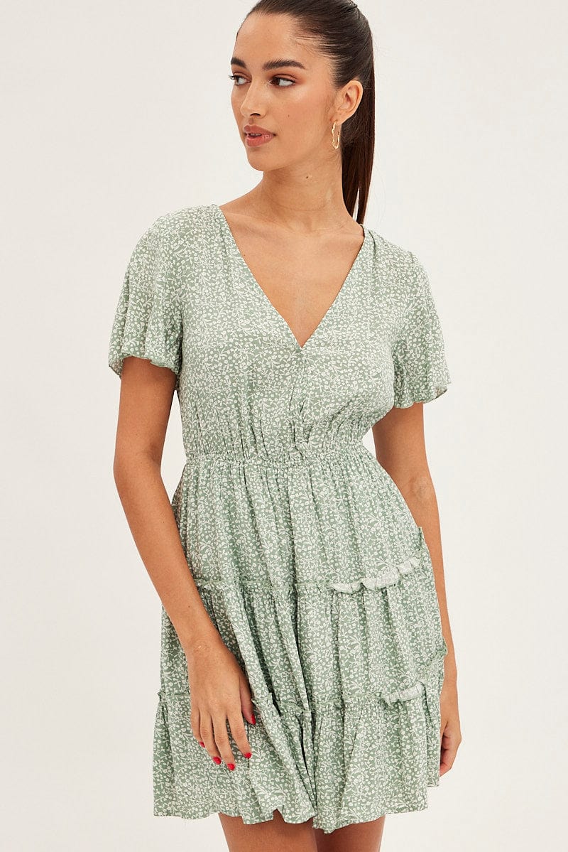 Green Floral Skater Dress Short Sleeve V Neck Green Floral