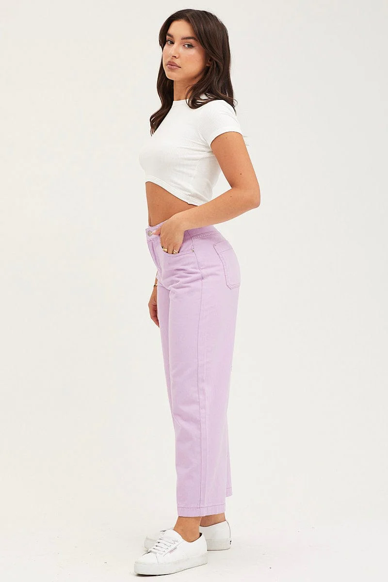 Purple Denim Jeans Wide Leg High Rise Cropped