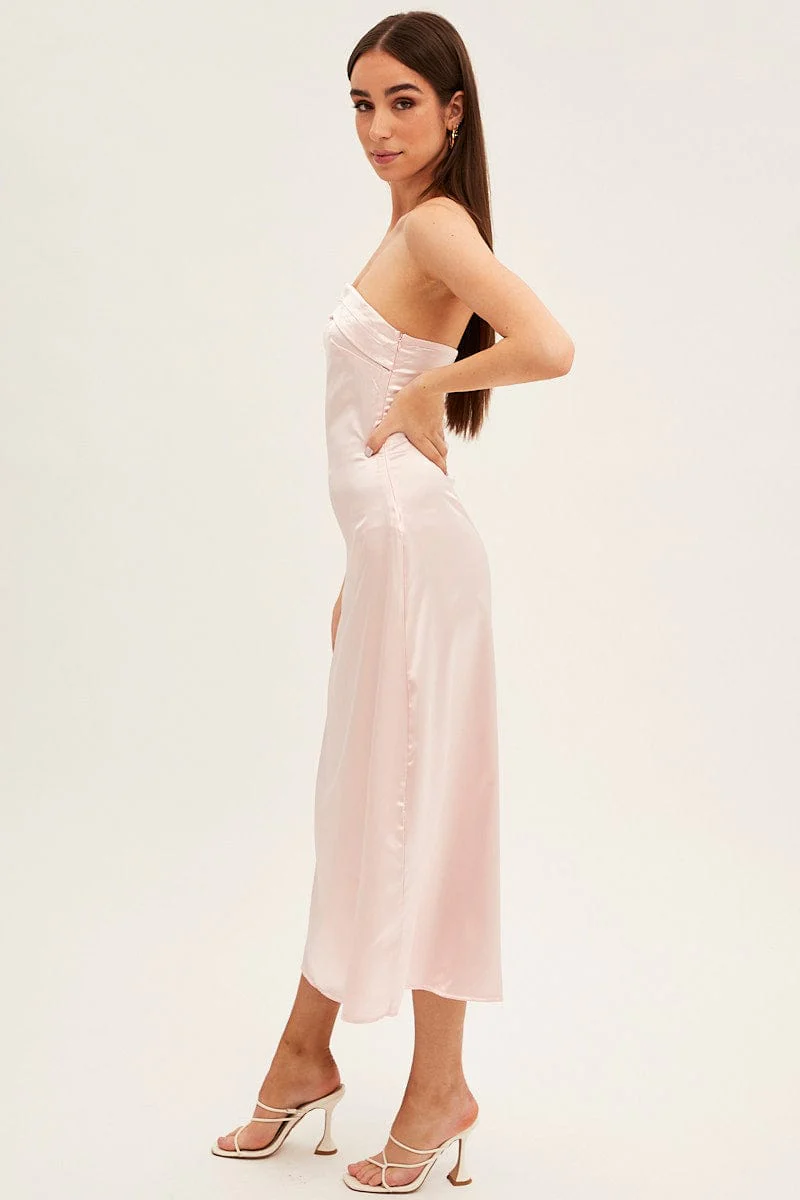 Pink Satin Straight Midi Dress