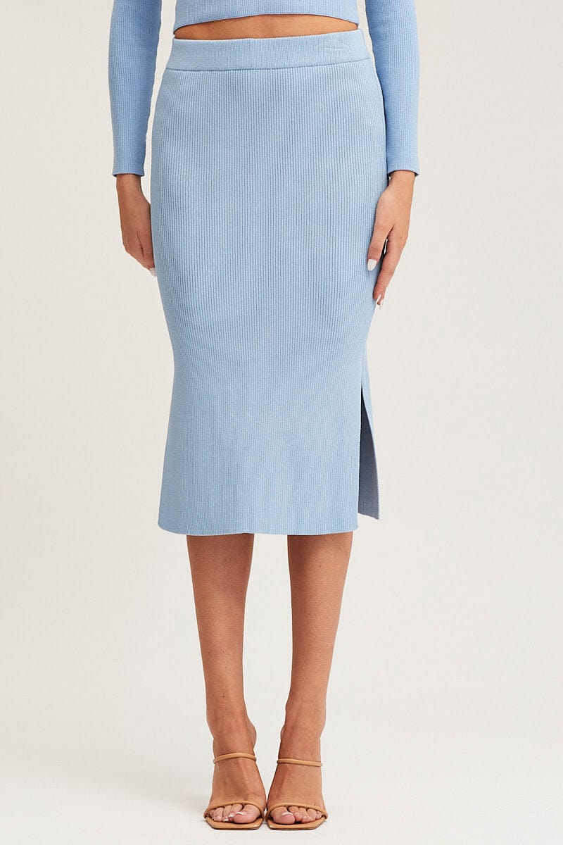 Blue Knit Skirt Midi Side Split