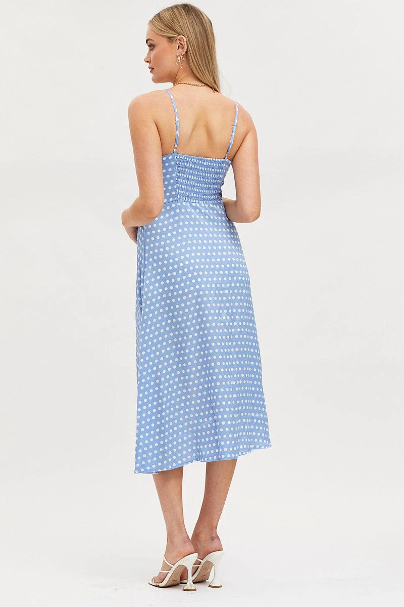 Polka Dot Midi Dress Sleeveless Sweetheart Neckline