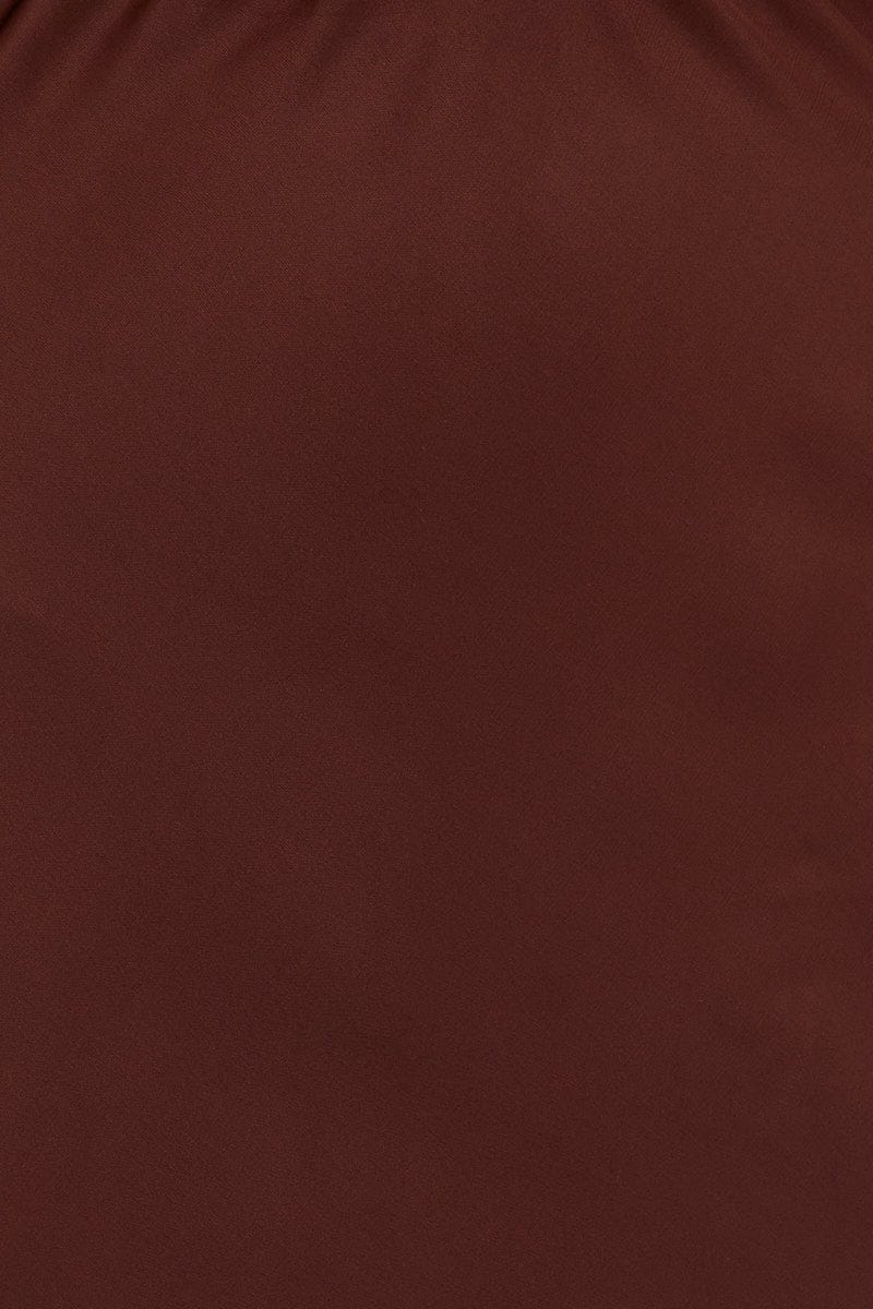 Brown Slip Skirt Midi Front Split Satin