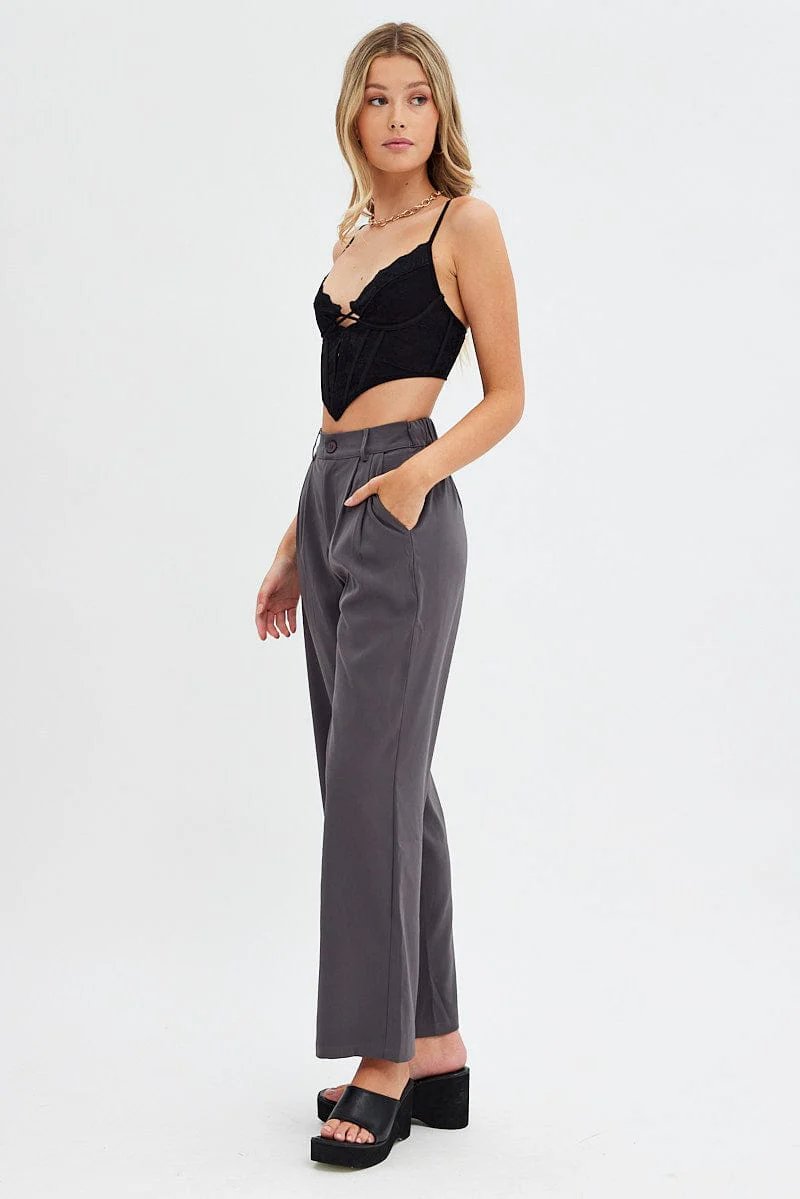 Grey Wide Leg Pants High Rise