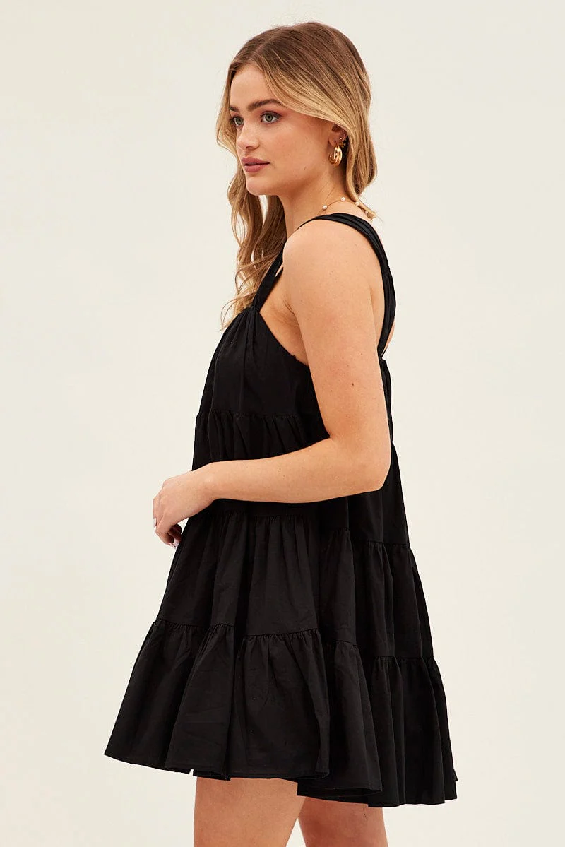 Black Mini Dress Round Neck Tiered Smock