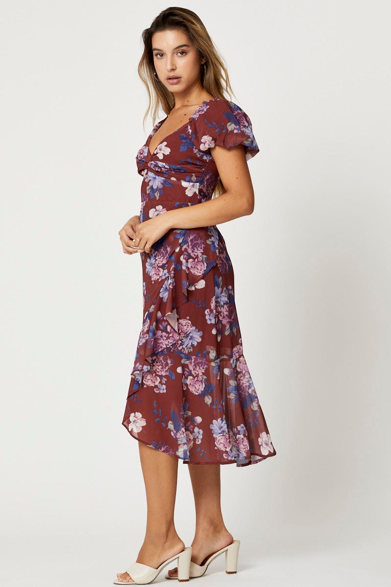Print Sweetheart Button Front Midi Dress