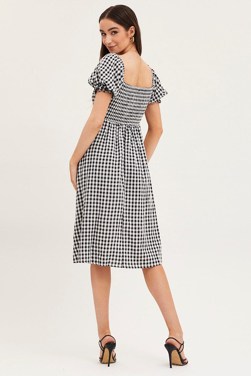 Check Mini Dress Short Sleeve Square Neck