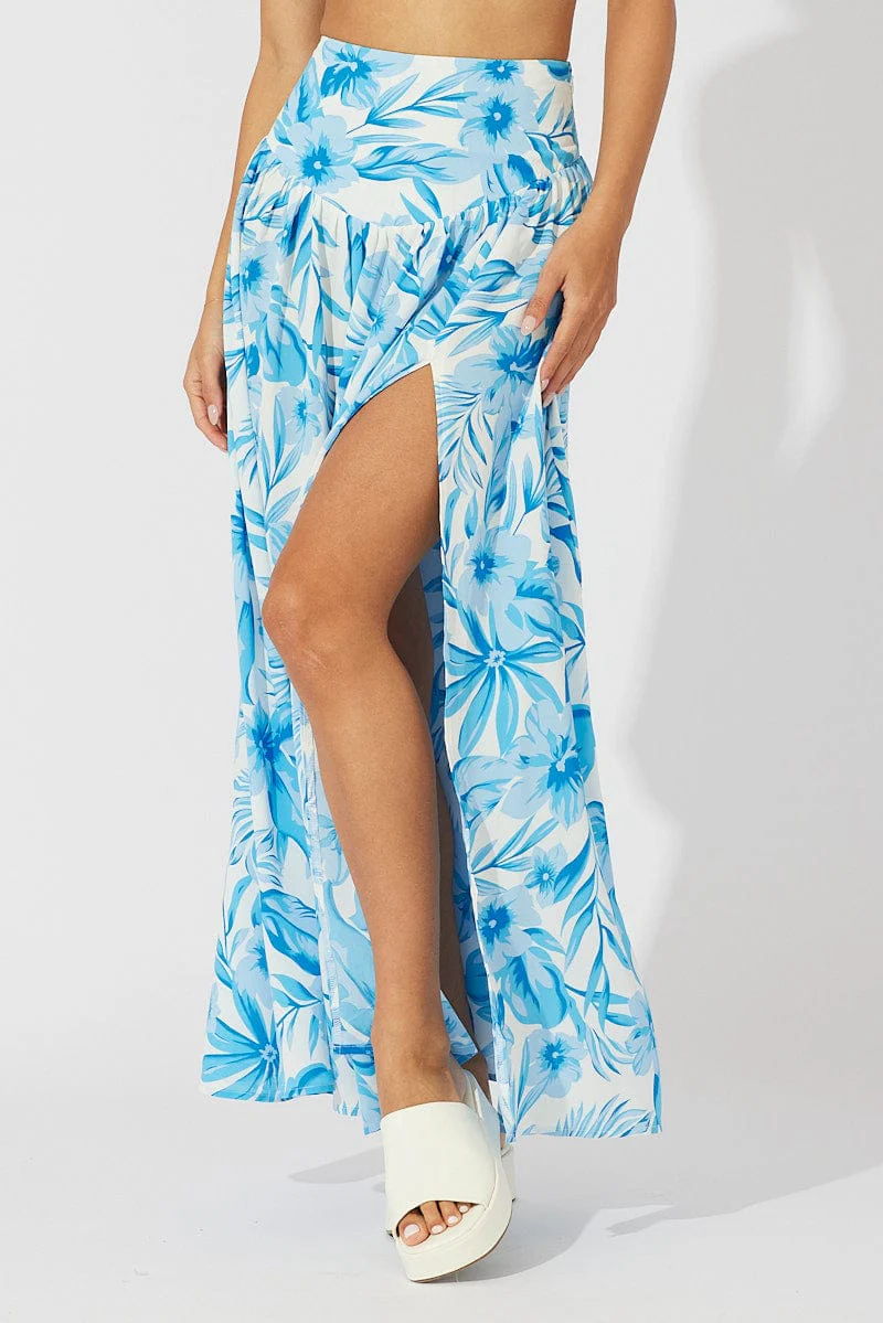 Blue Floral Maxi Skirt Flowy Boho Side Split Skirt