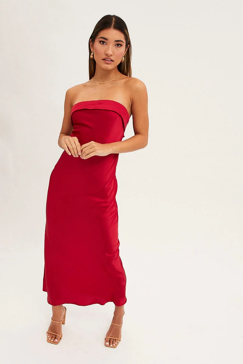 Red Satin Dress Maxi Strapless