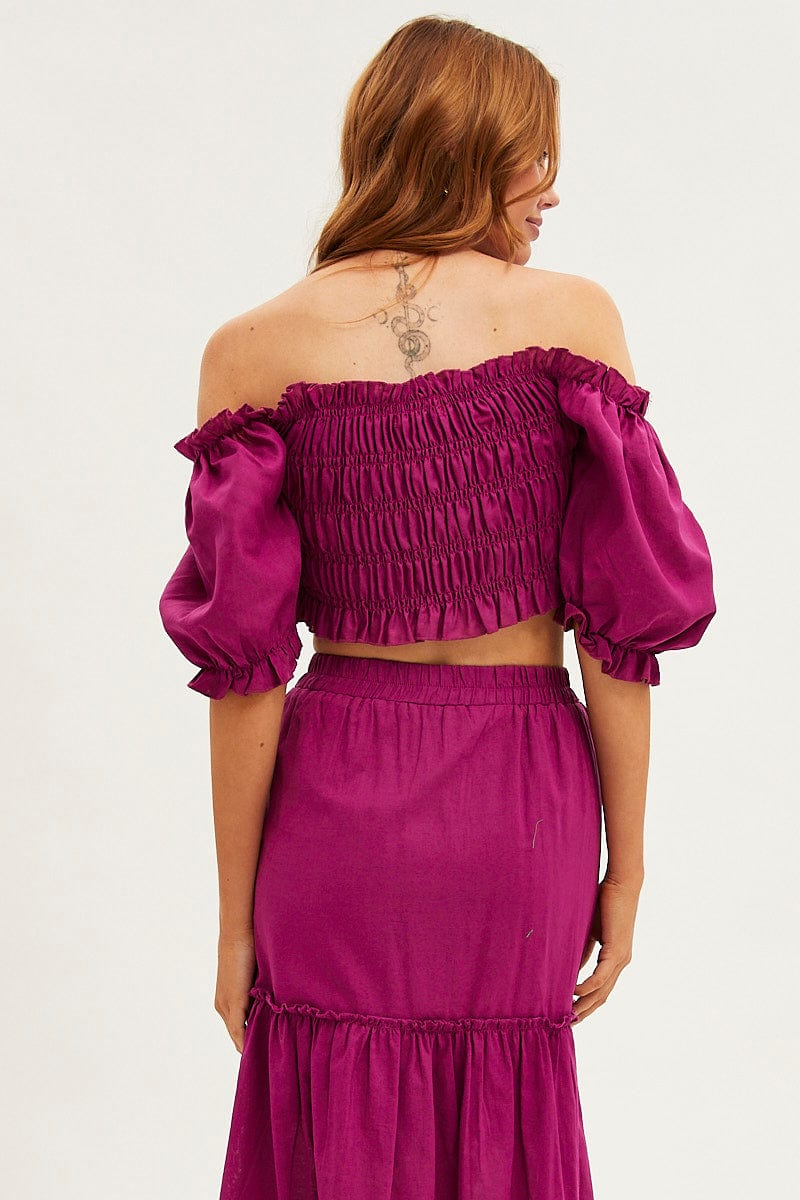 Purple Crop Top Short Sleeve Square Neck Linen Blend