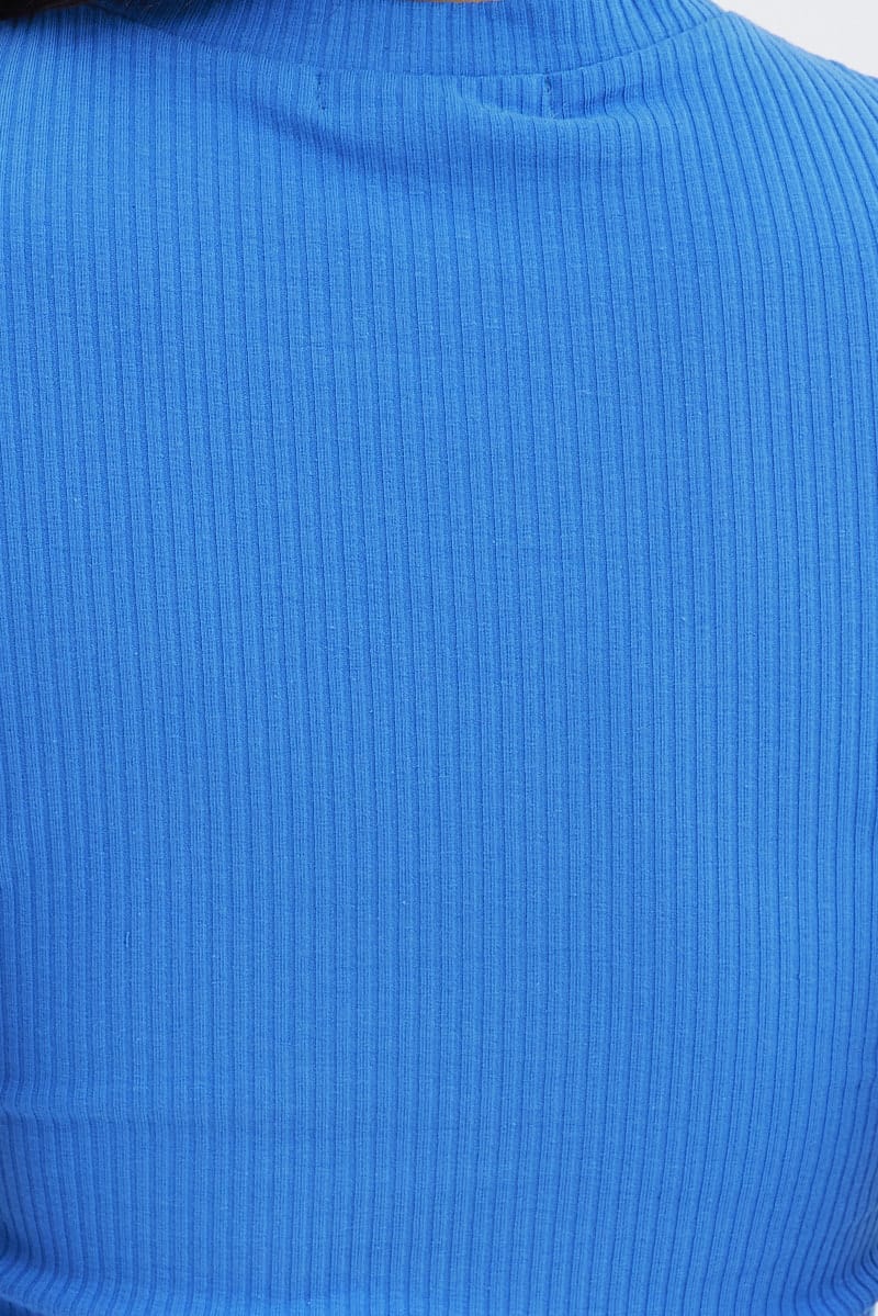 Blue Cut Out Top Short Sleeve Mock Neck Rib
